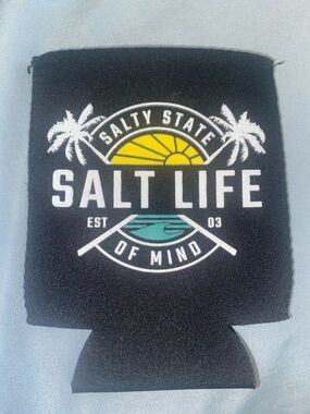 Salt Life Black Can Cooler with Yellow Sun & Teal Wave Logo